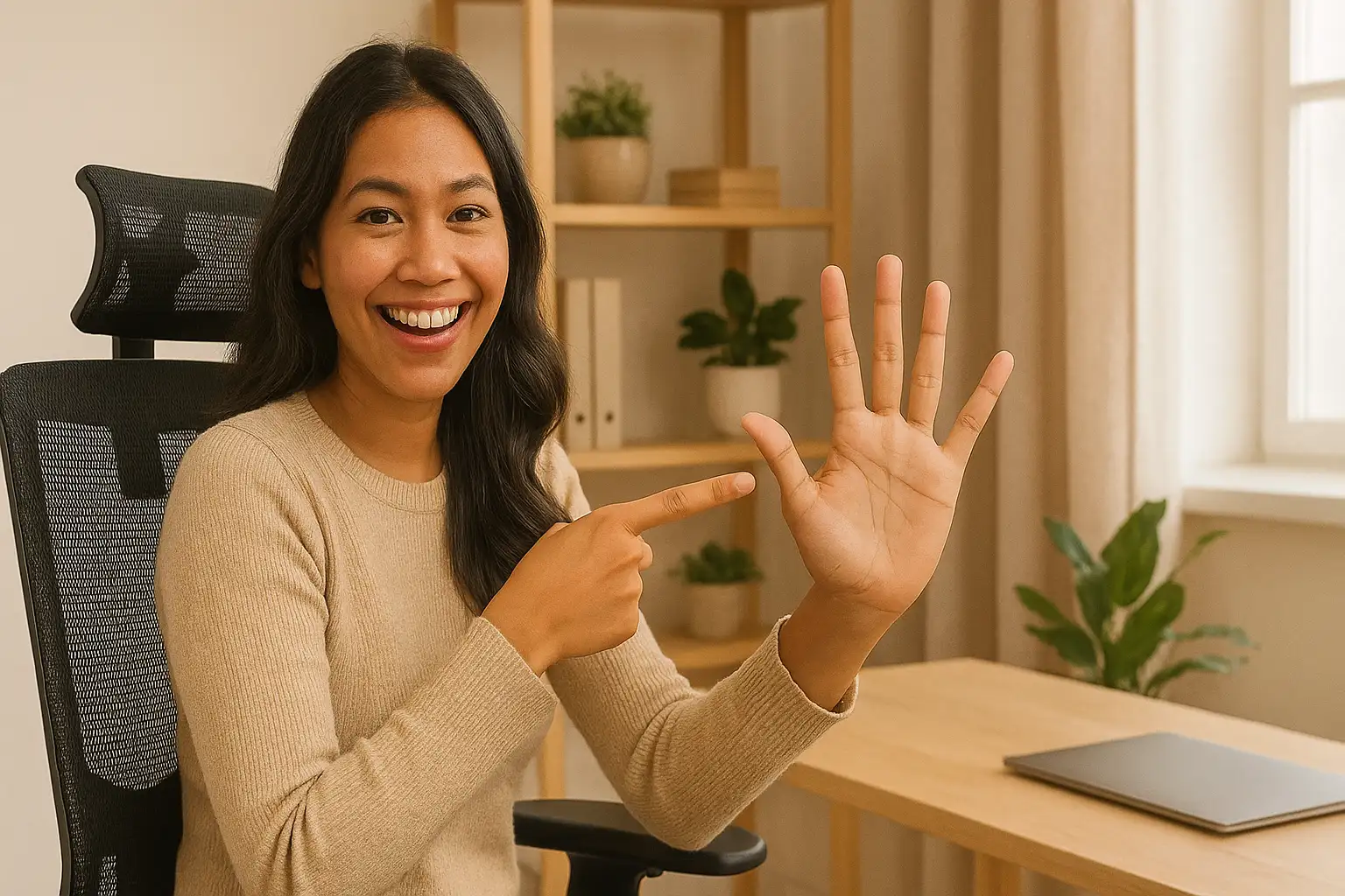 seorang wanita menunjukkan 5 cara pilih kursi nyaman dan kursi ergonomis